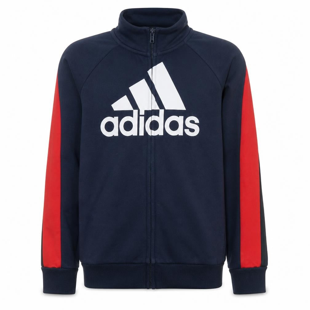Front view of Adidas boys’ blue track jacket 13-14 years full zip cotton blend sportswear