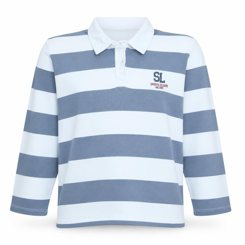 Front view of ASOS Design women’s grey white striped henley sweatshirt m