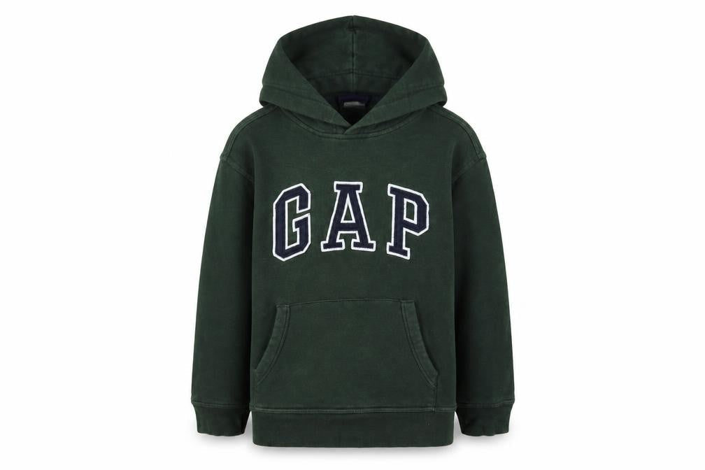 Front view of Gap boys’ green logo pullover fleece hoodie, size M