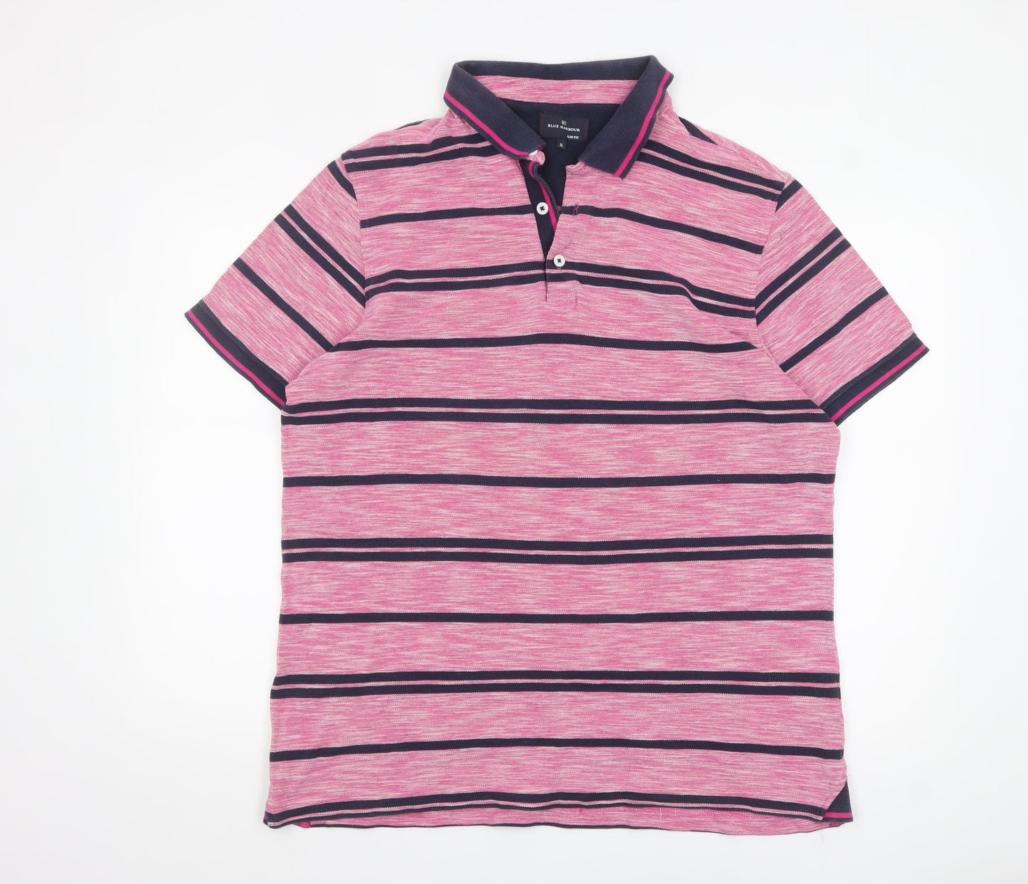Marks and Spencer Blue Harbour Men's Pink Striped Polo Shirt XL Slim Fit