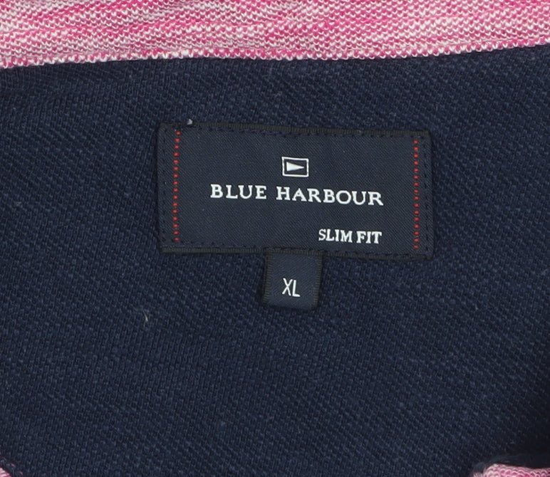Marks and Spencer Blue Harbour Men's Pink Striped Polo Shirt XL Slim Fit