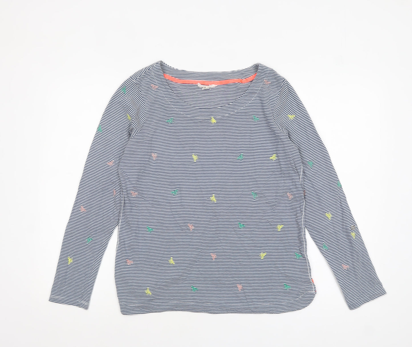 White Stuff Women's Blue Striped Embroidered Cotton Long Sleeve T-Shirt UK 12