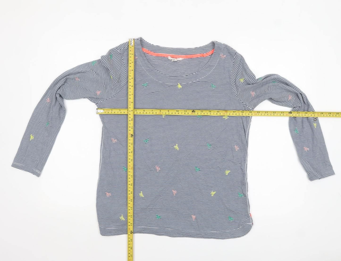 White Stuff Women's Blue Striped Embroidered Cotton Long Sleeve T-Shirt UK 12