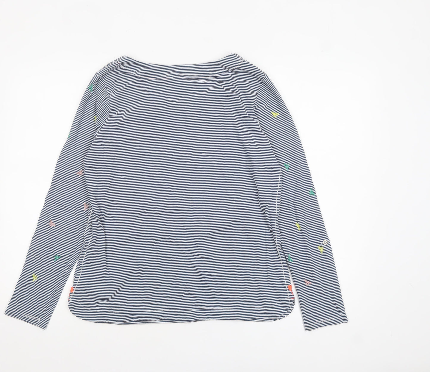 White Stuff Women's Blue Striped Embroidered Cotton Long Sleeve T-Shirt UK 12
