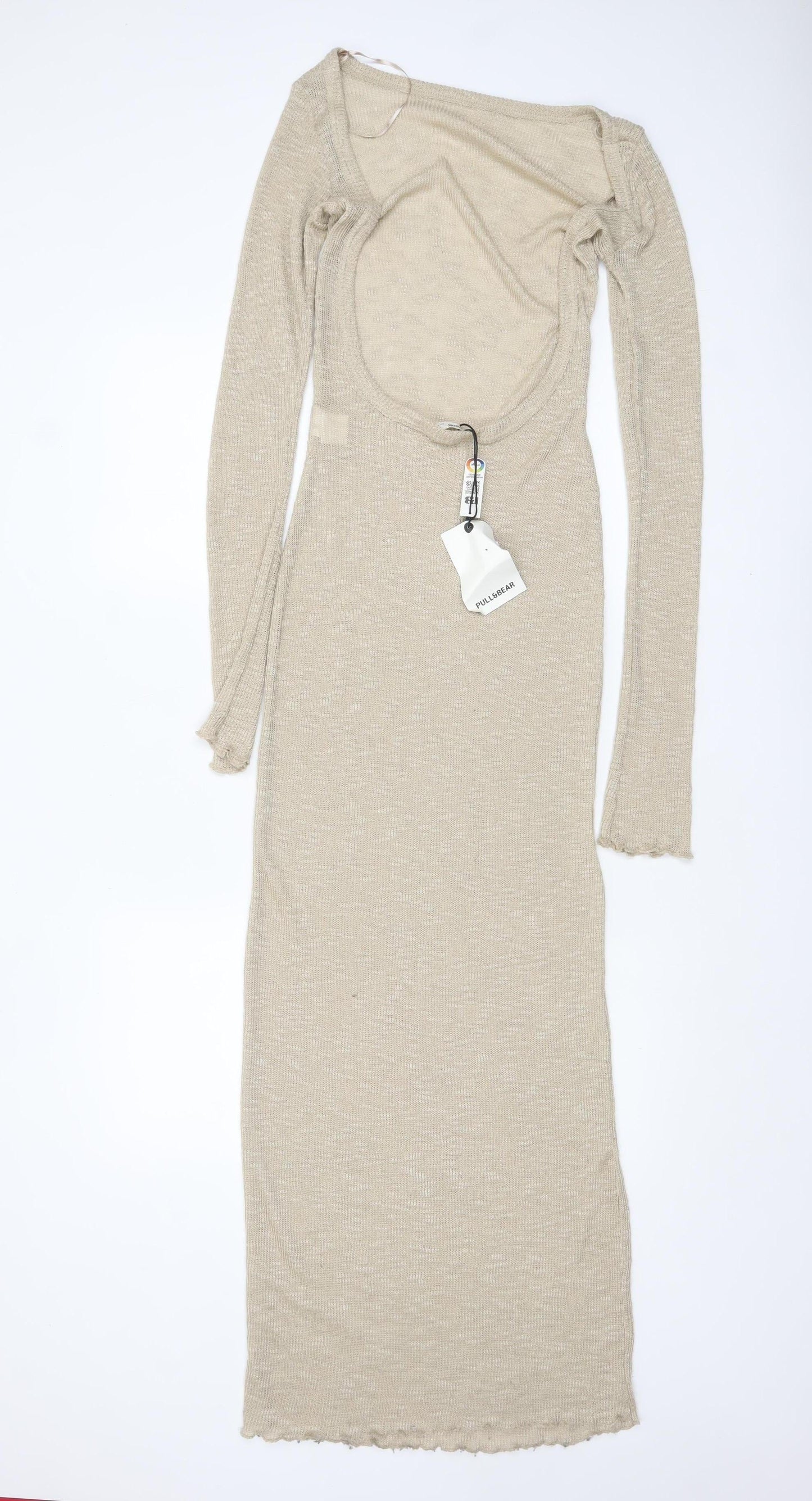 Pull & Bear Women's Beige Long Sleeve Bodycon Knit Dress Size 12