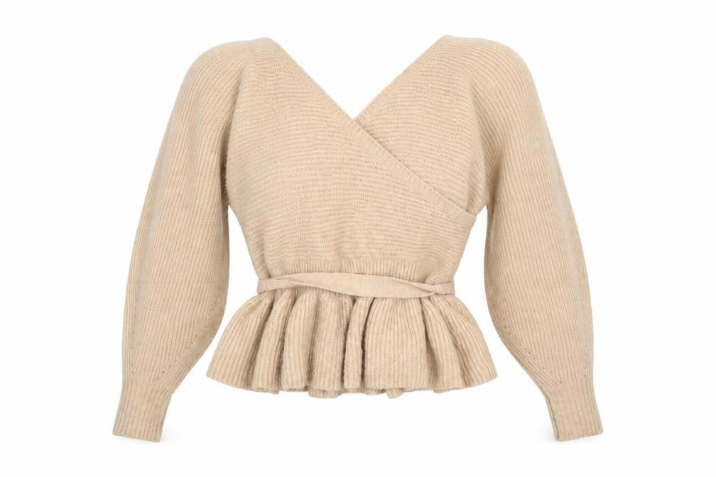 ASOS Design Women Beige Wrap Jumper UK 10 Belted Long Sleeve Knit