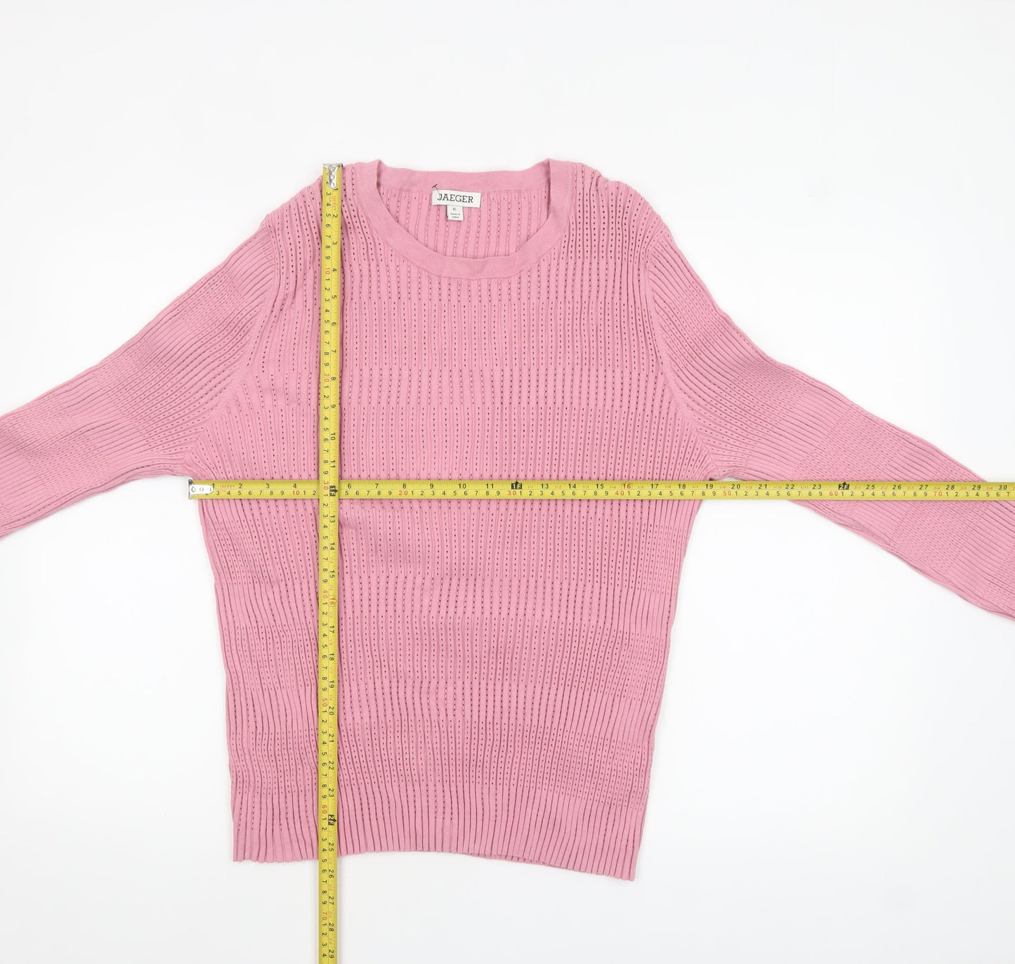 Jaeger Women Pink XL Open-Knit Cotton Crew Neck Jumper
