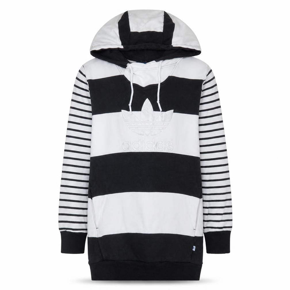 Front view of Adidas Women Black White Striped Long Sleeve Hooded Pullover Sweatshirt, size M