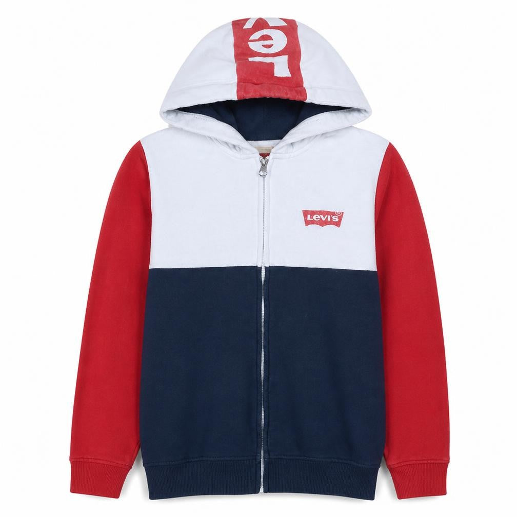 Front view of Levi’s boys’ red blue white full zip hoodie, size 16, colourblock cotton blend