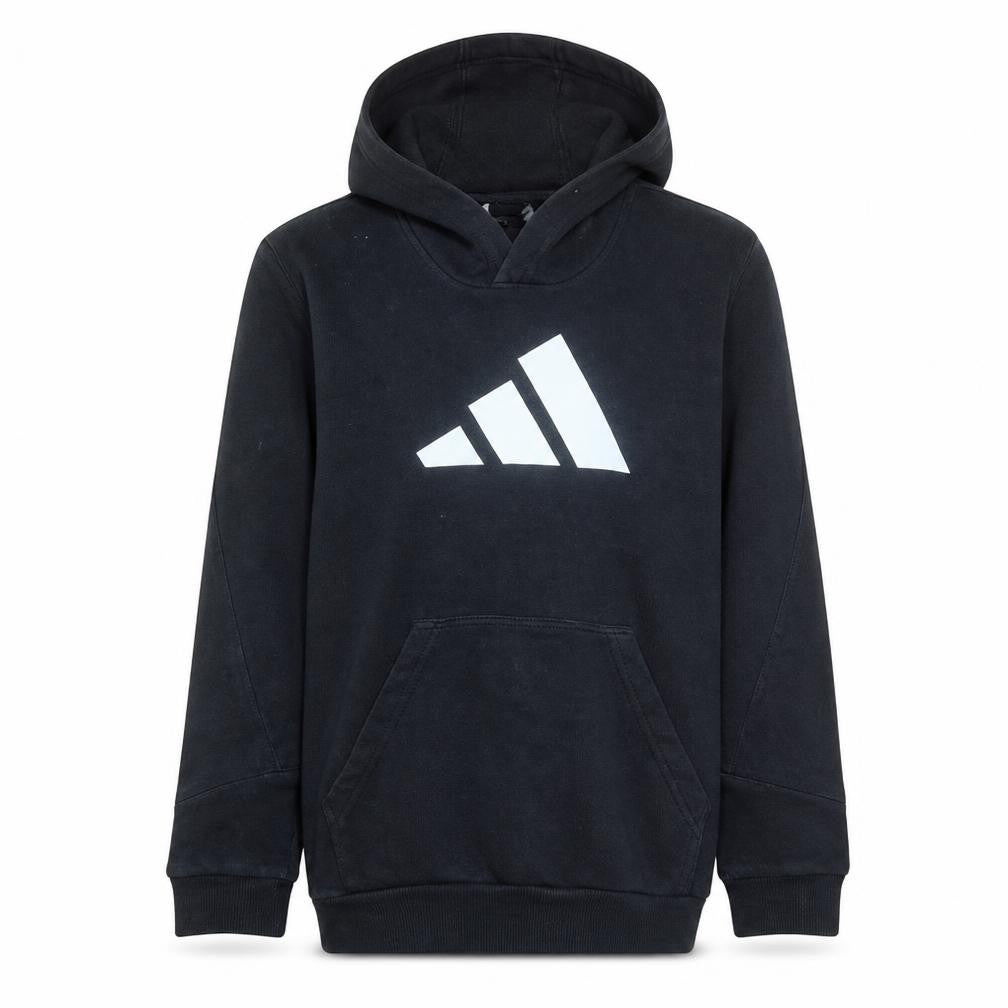 Front view of Adidas boys’ black hoodie pullover fleece, size 164, regular fit