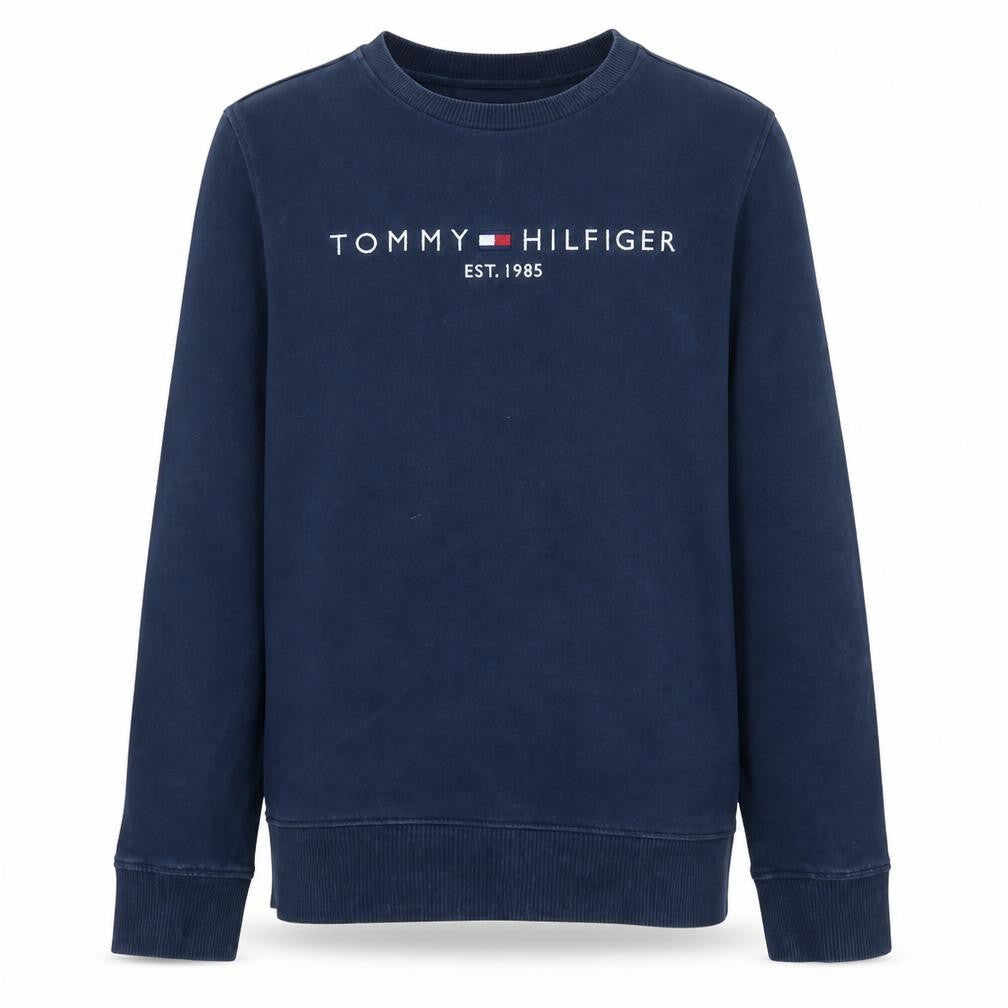 Front view of Tommy Hilfiger boys’ navy blue crew neck cotton sweatshirt, size 164