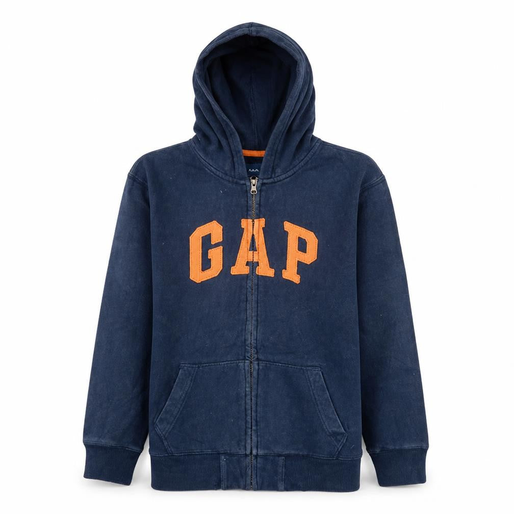 Front view of Gap Kids boys’ navy blue full zip hoodie 13xl cotton fleece sweatshirt
