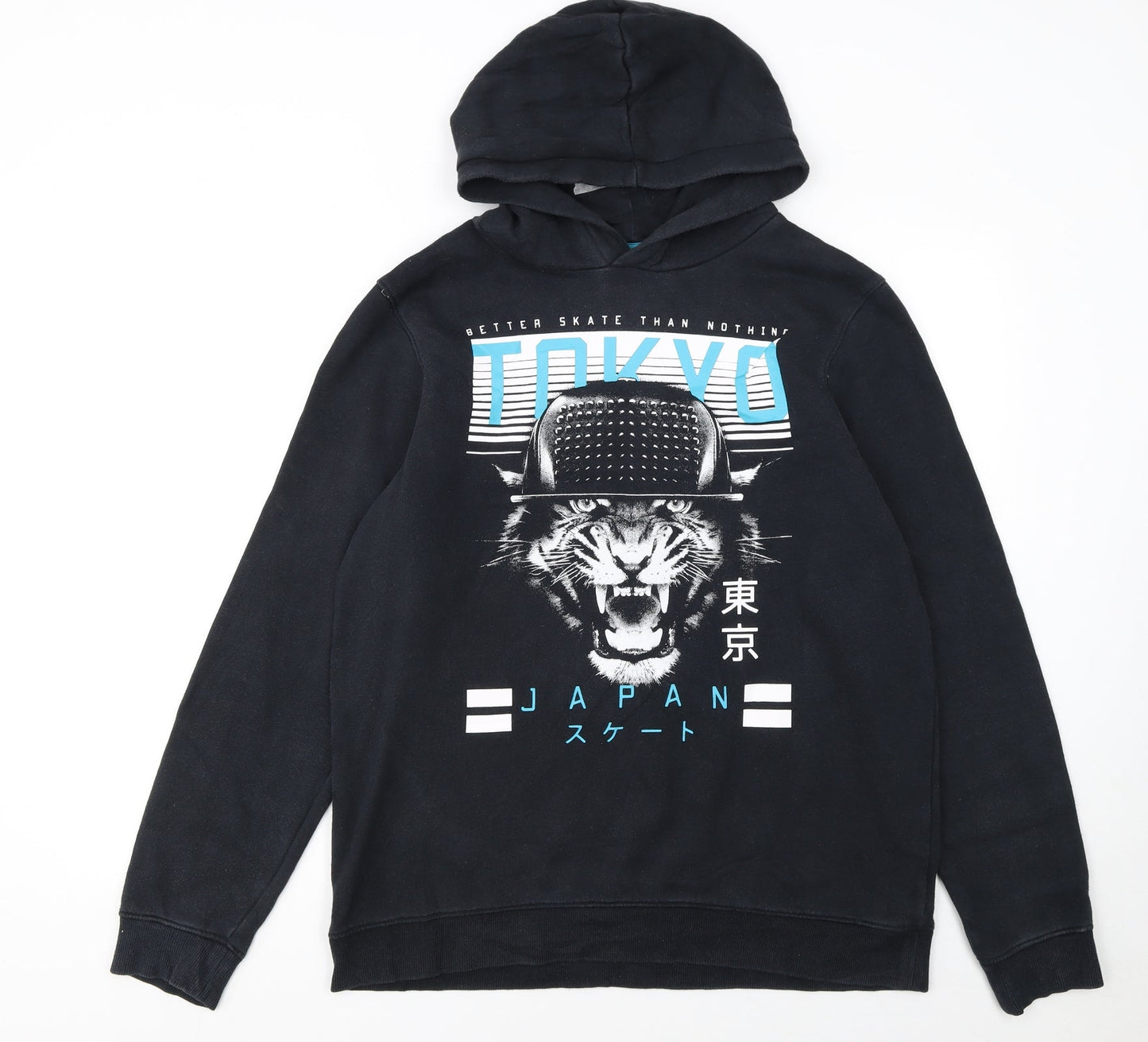 C&A Boys Black Tokyo Tiger Skate Print Pullover Hoodie Size 154