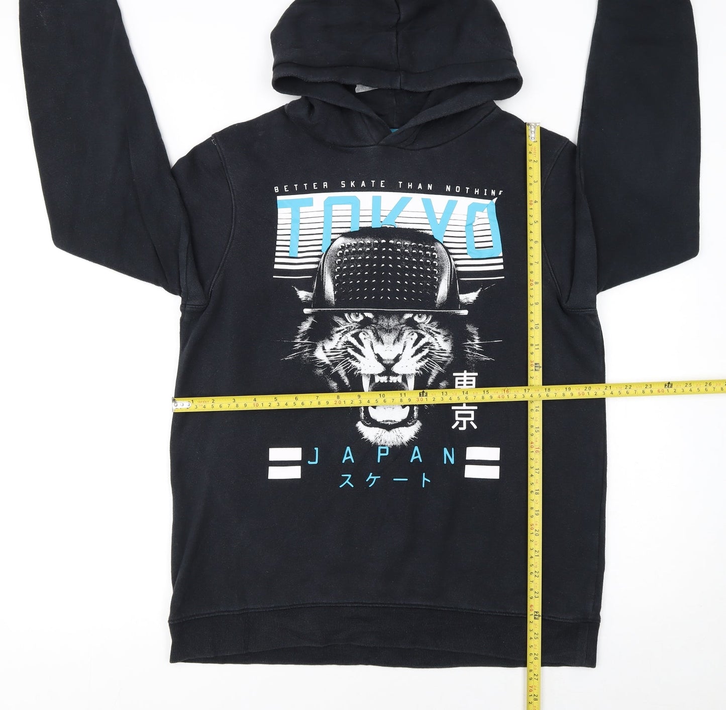 C&A Boys Black Tokyo Tiger Skate Print Pullover Hoodie Size 154