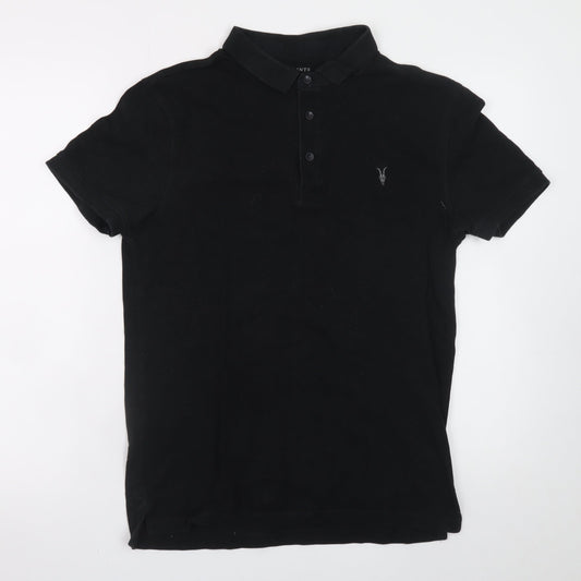 AllSaints Men's Black Cotton Polo Shirt Small Classic Fit