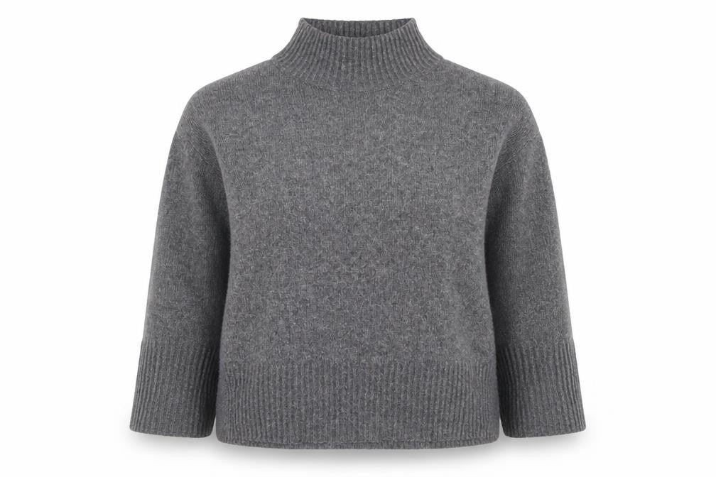 Front view of ASOS women’s grey mock neck wool blend relaxed fit jumper, size UK 14