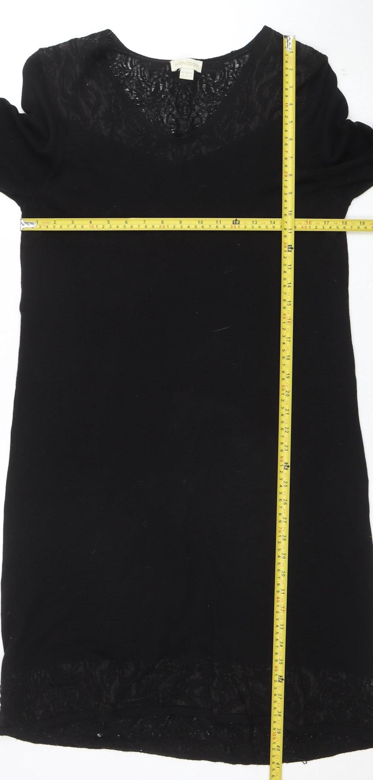 Monsoon Women Black Size 14 Lace Panel 3/4 Sleeve Shift Dress