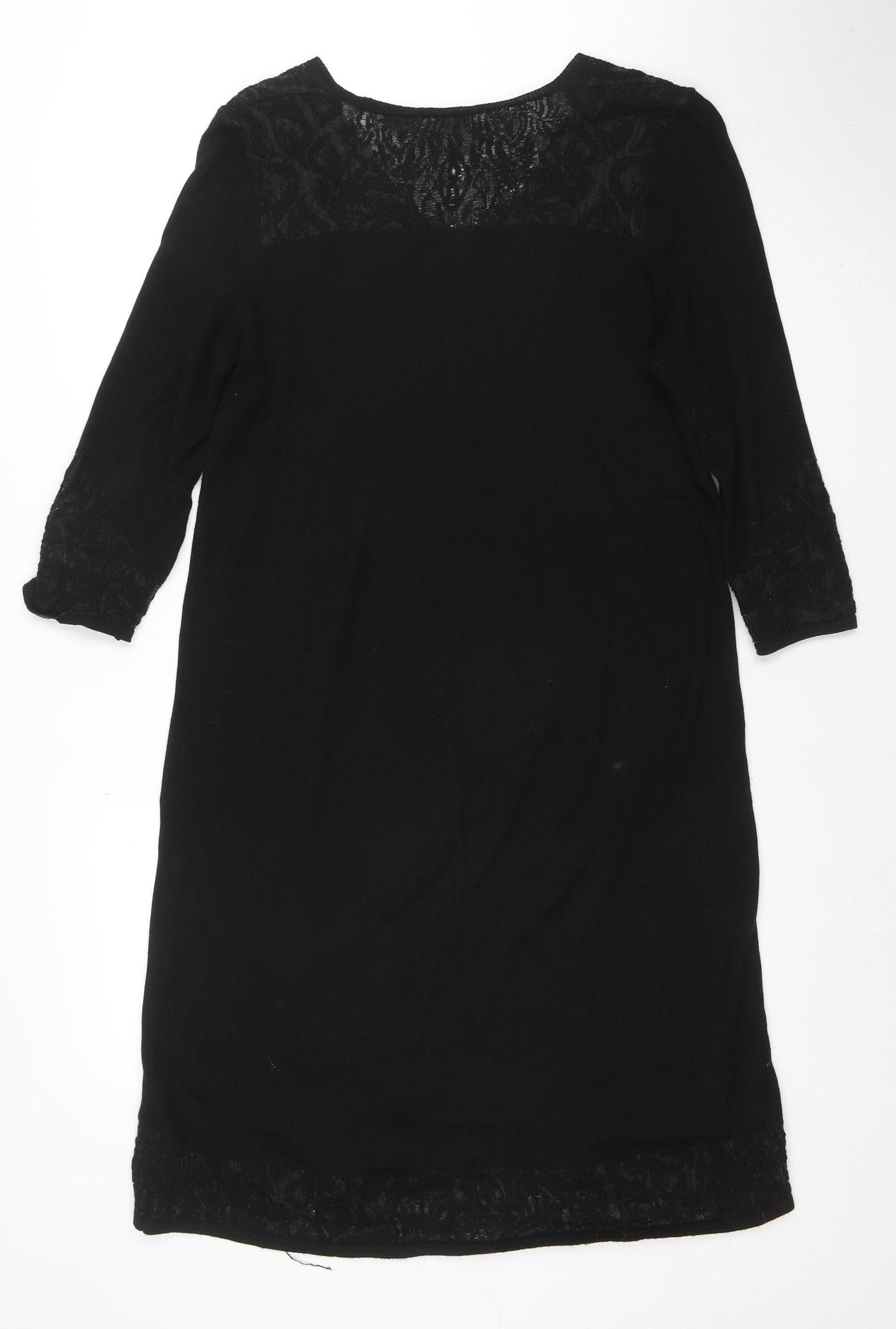 Monsoon Women Black Size 14 Lace Panel 3/4 Sleeve Shift Dress
