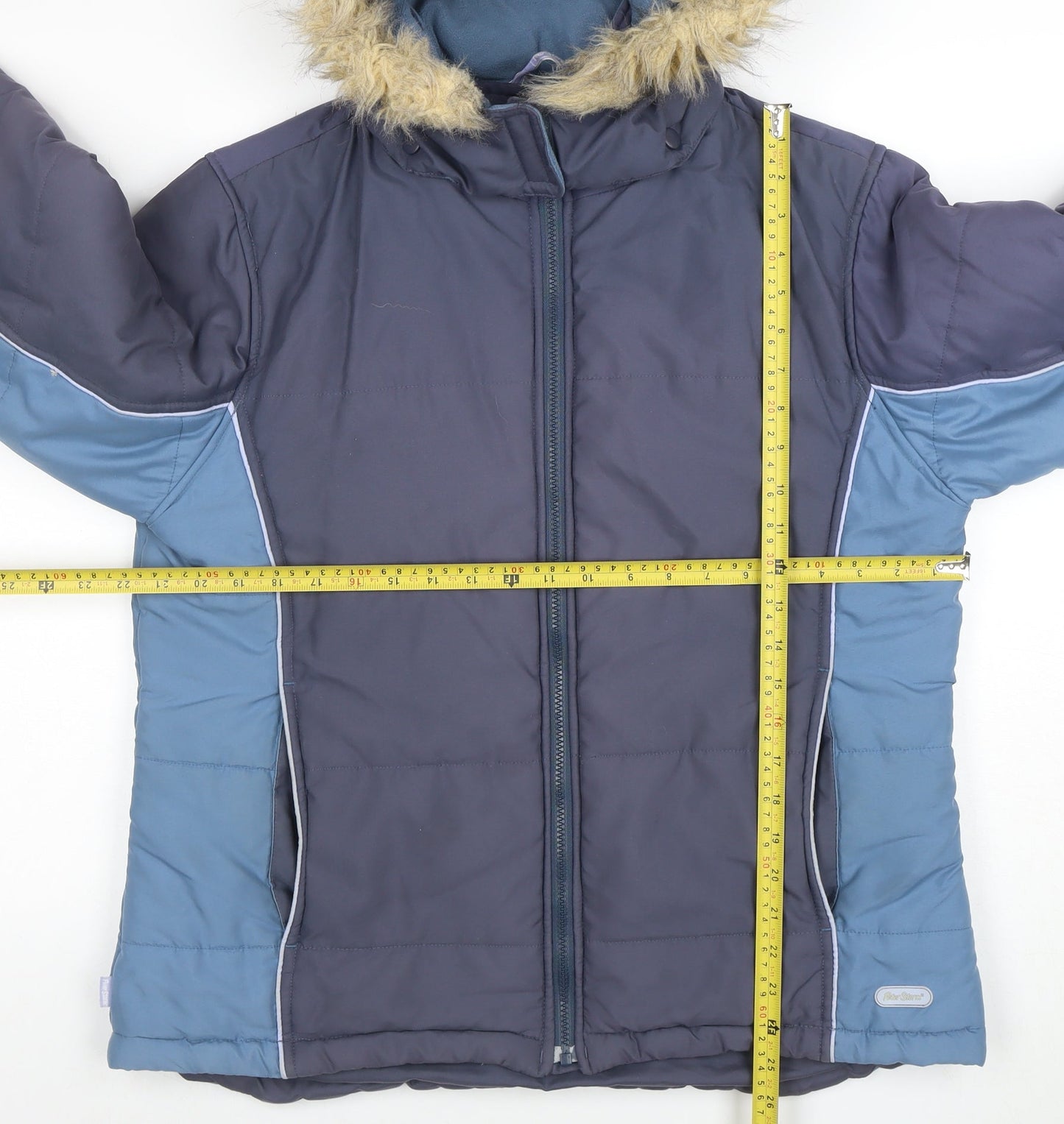 Peter Storm Womens Blue L Hooded Puffer Jacket Faux Fur Trim