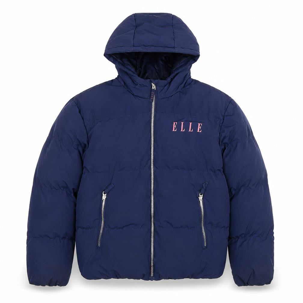 Front view of ELLE Junior girls’ blue hooded puffer jacket 14-15 years winter full zip