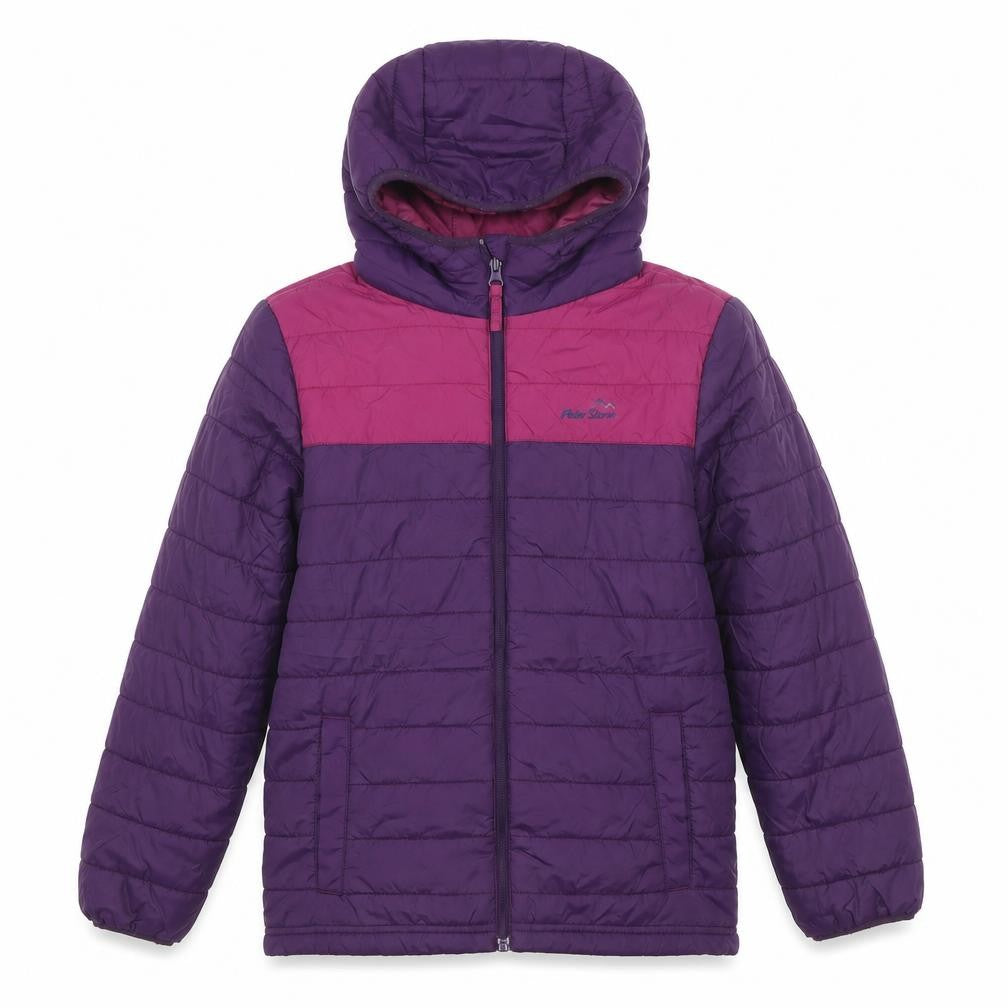 Front view of Peter Storm girls’ purple puffer jacket 11-12 years hooded winter coat