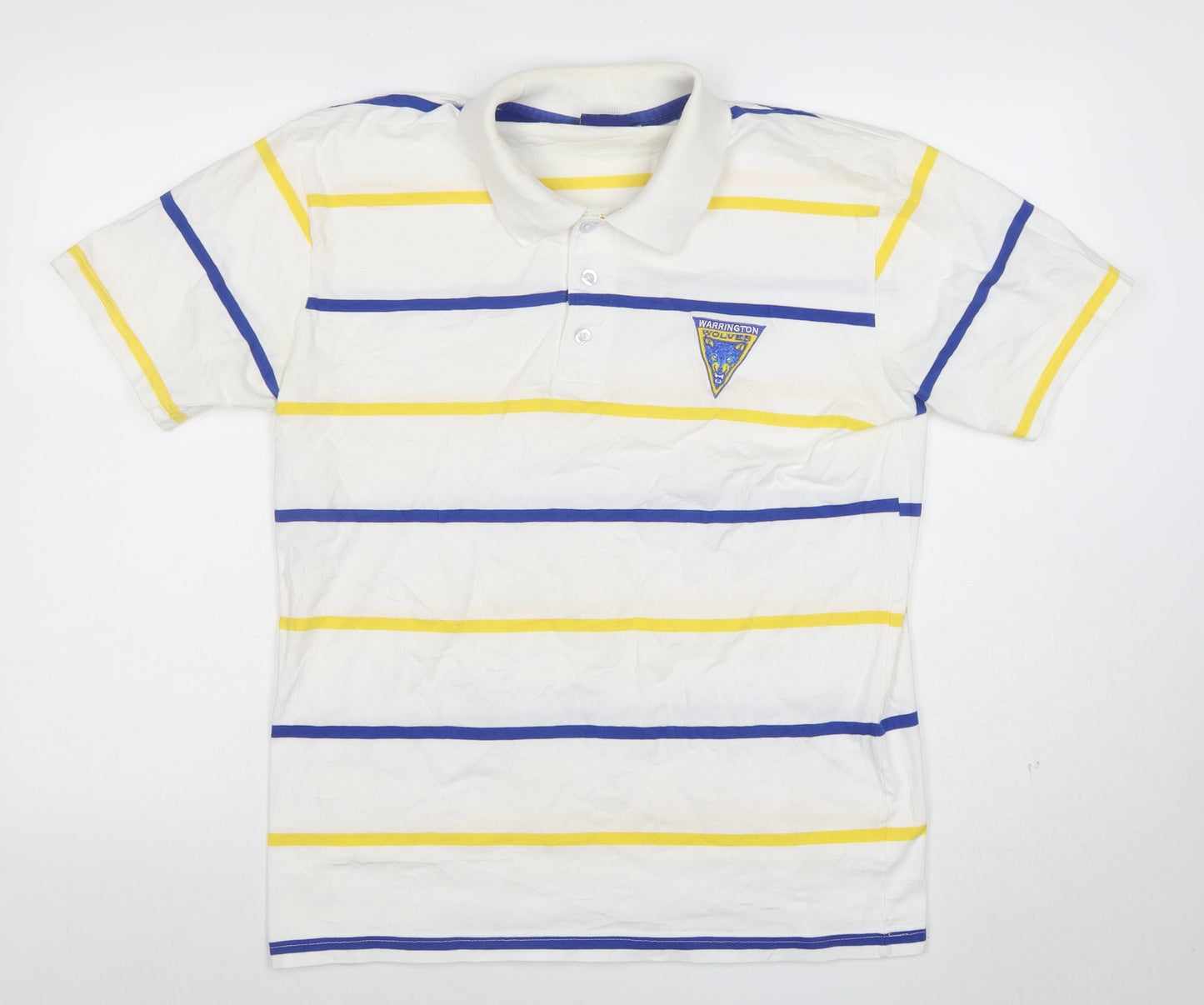 100% Wolves Men's White Striped Rugby Polo Shirt L Cotton Short Sleeve