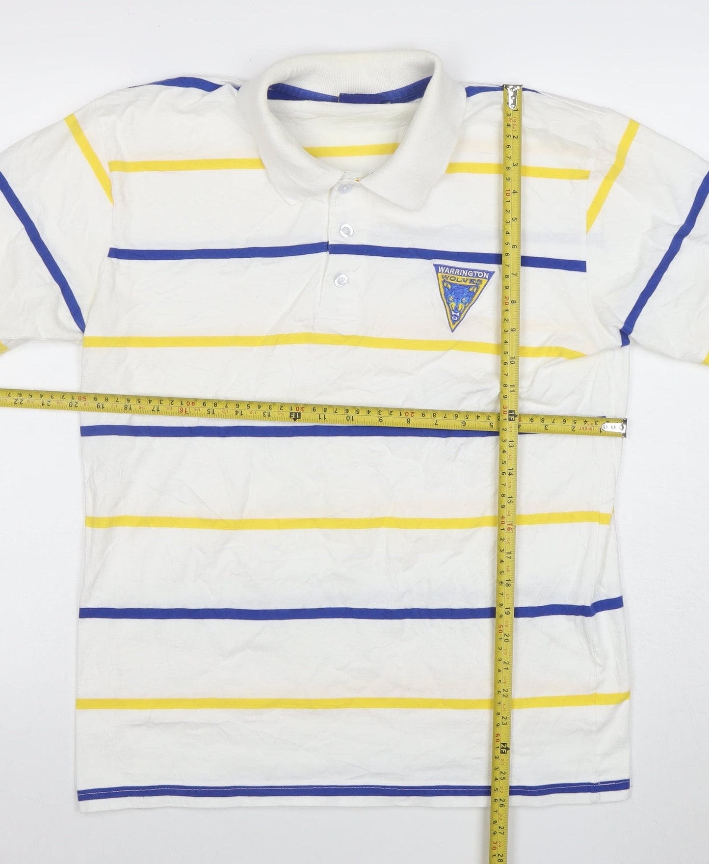 100% Wolves Men's White Striped Rugby Polo Shirt L Cotton Short Sleeve