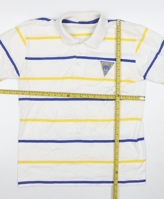 100% Wolves Men's White Striped Rugby Polo Shirt L Cotton Short Sleeve