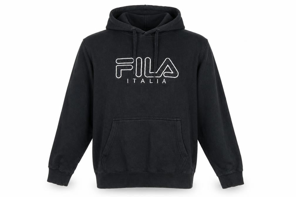 Front view of Fila Men's Black Logo Pullover Hoodie, size L, Regular Fit