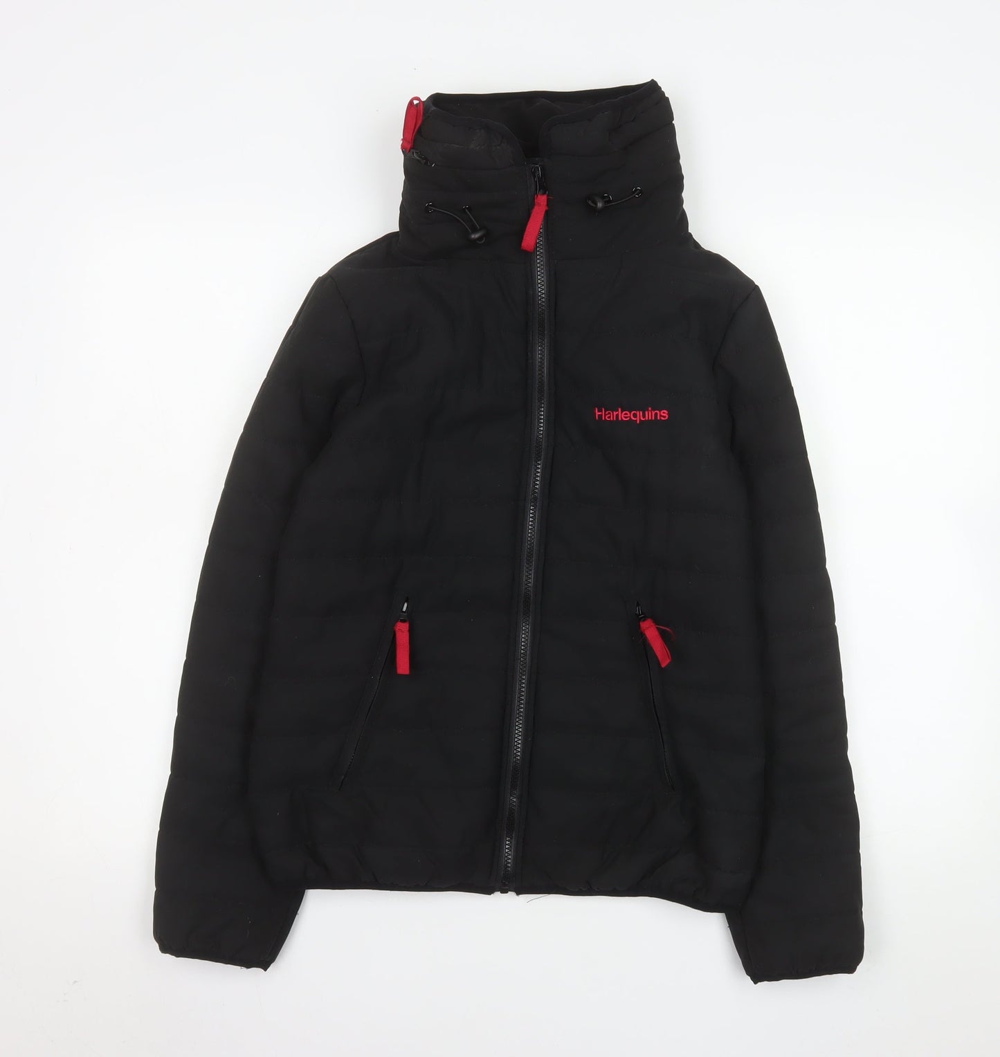 Harlequins Womens Black Hooded Puffer Jacket M Polyester Zip