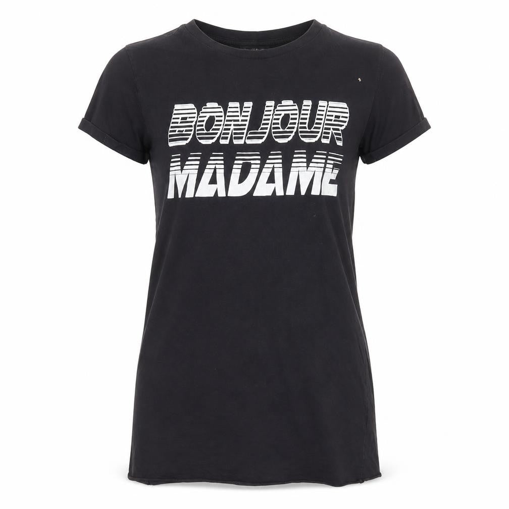Front view of Miss Selfridge Women's Black Bonjour Madame Cotton T-Shirt, size 8