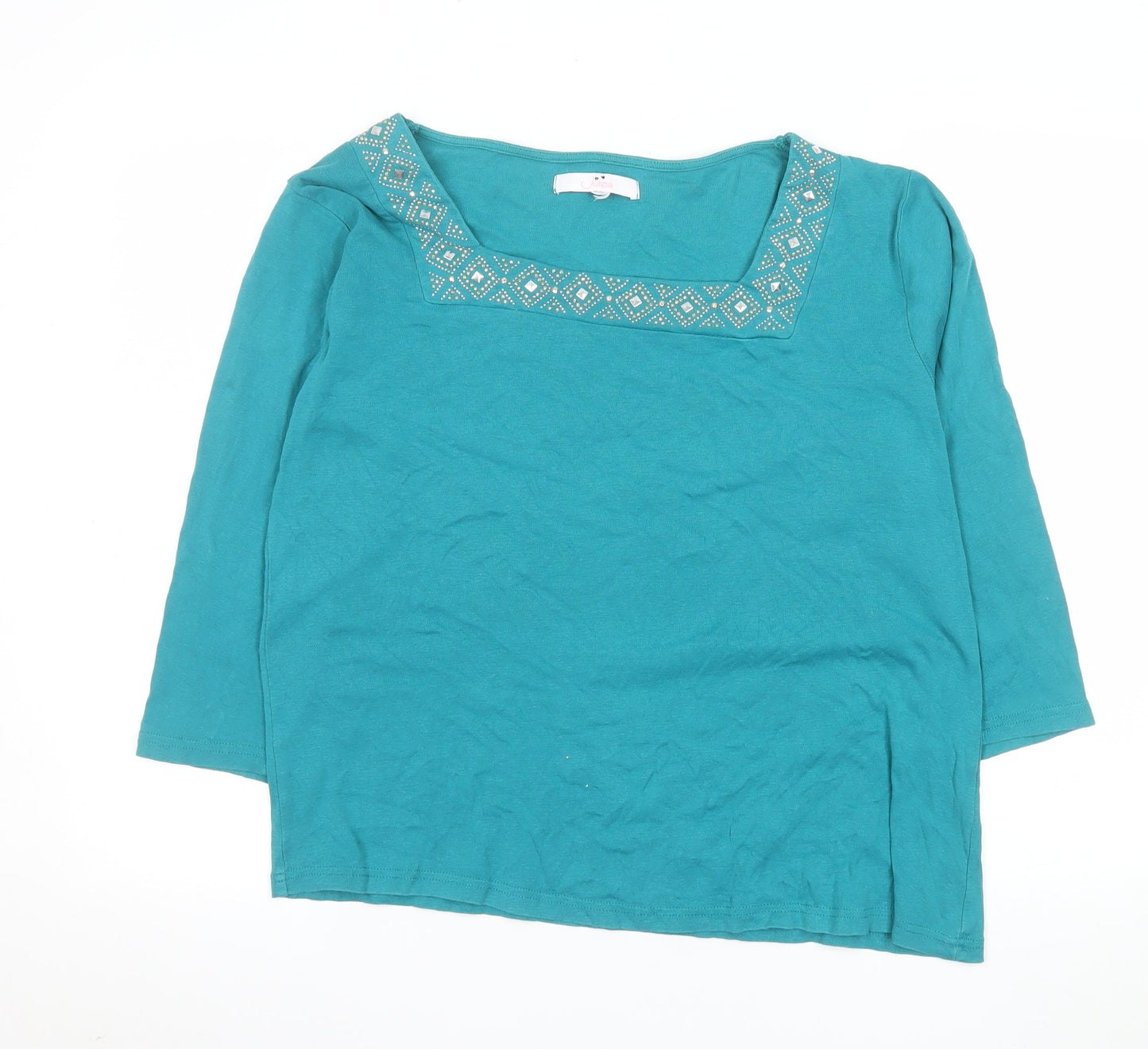 Julipa Women Blue Cotton 3/4 Sleeve Square Neck Beaded Blouse UK 18