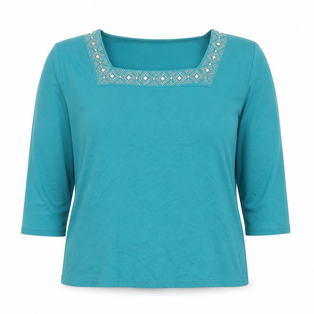 Julipa Women Blue Cotton 3/4 Sleeve Square Neck Beaded Blouse UK 18