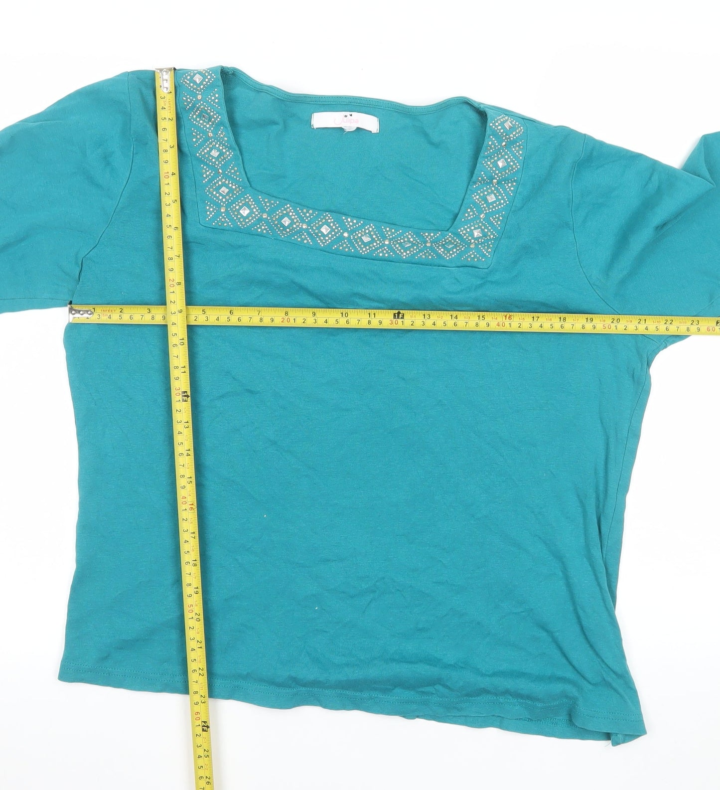 Julipa Women Blue Cotton 3/4 Sleeve Square Neck Beaded Blouse UK 18