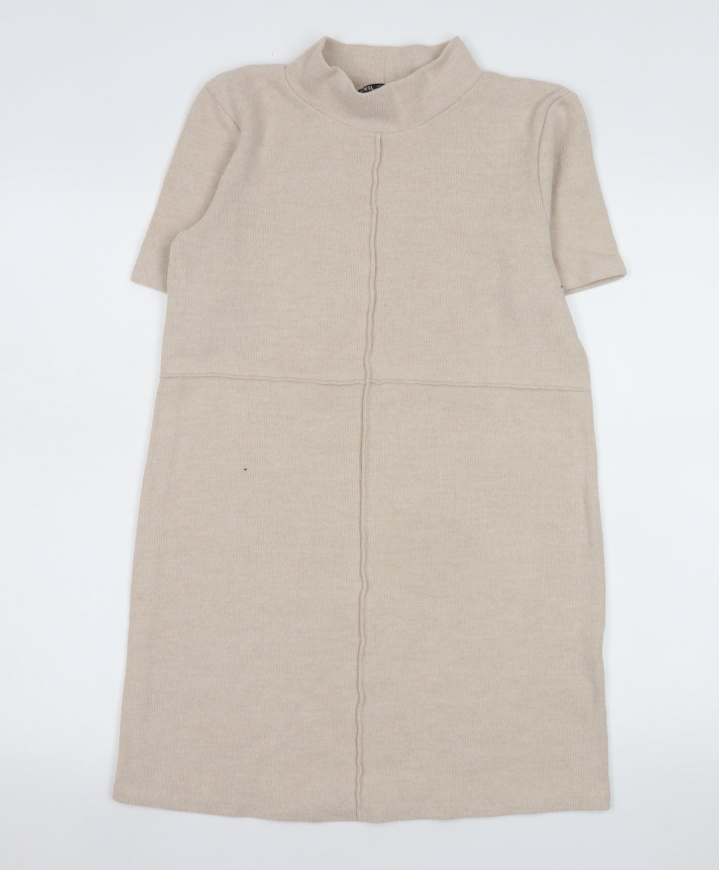 ZARA Women Beige Knit Shift Dress Size 8 Mock Neck Short Sleeve