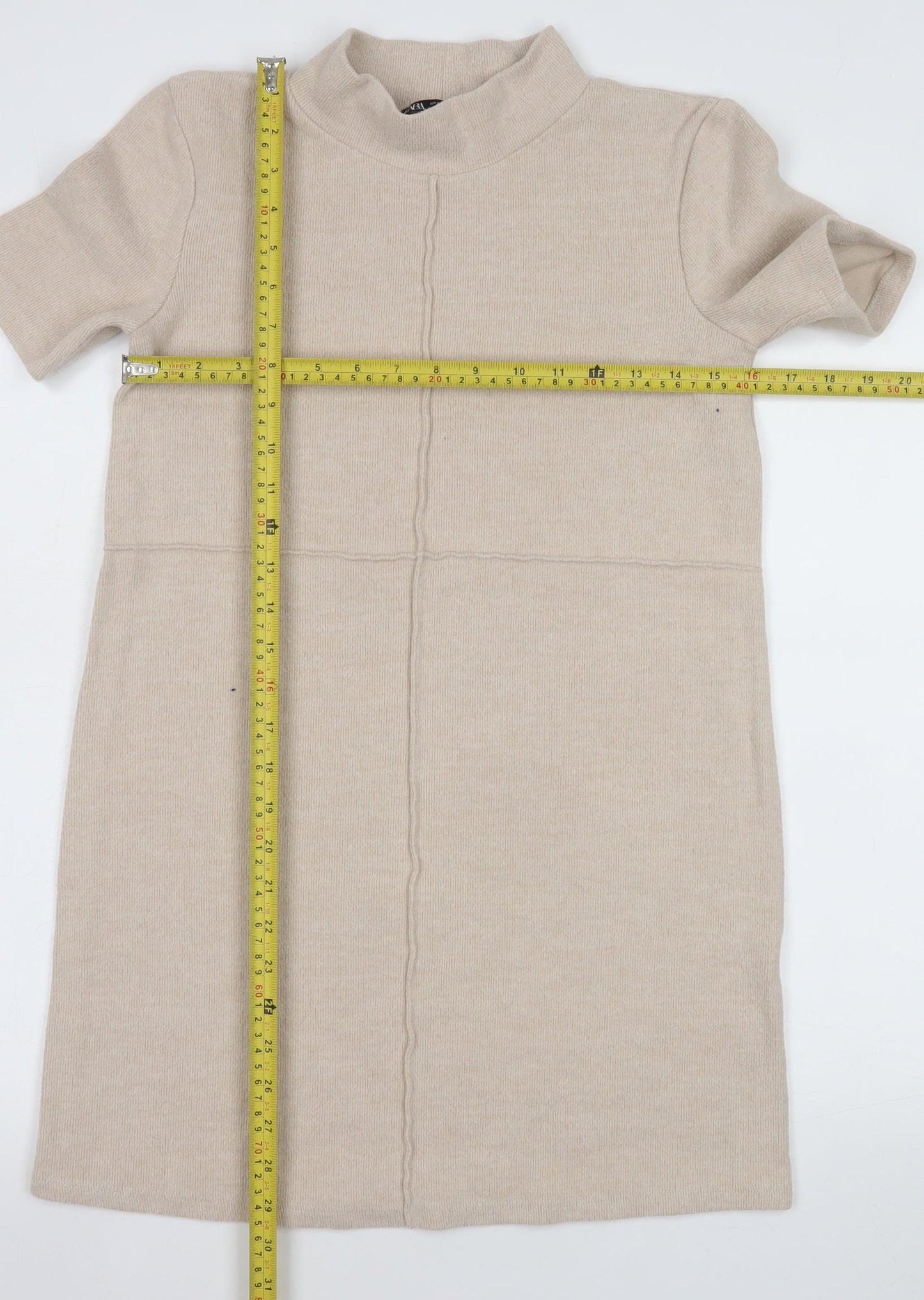 ZARA Women Beige Knit Shift Dress Size 8 Mock Neck Short Sleeve