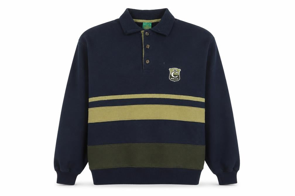 Front view of C&A men’s blue striped collared henley sweatshirt, size S
