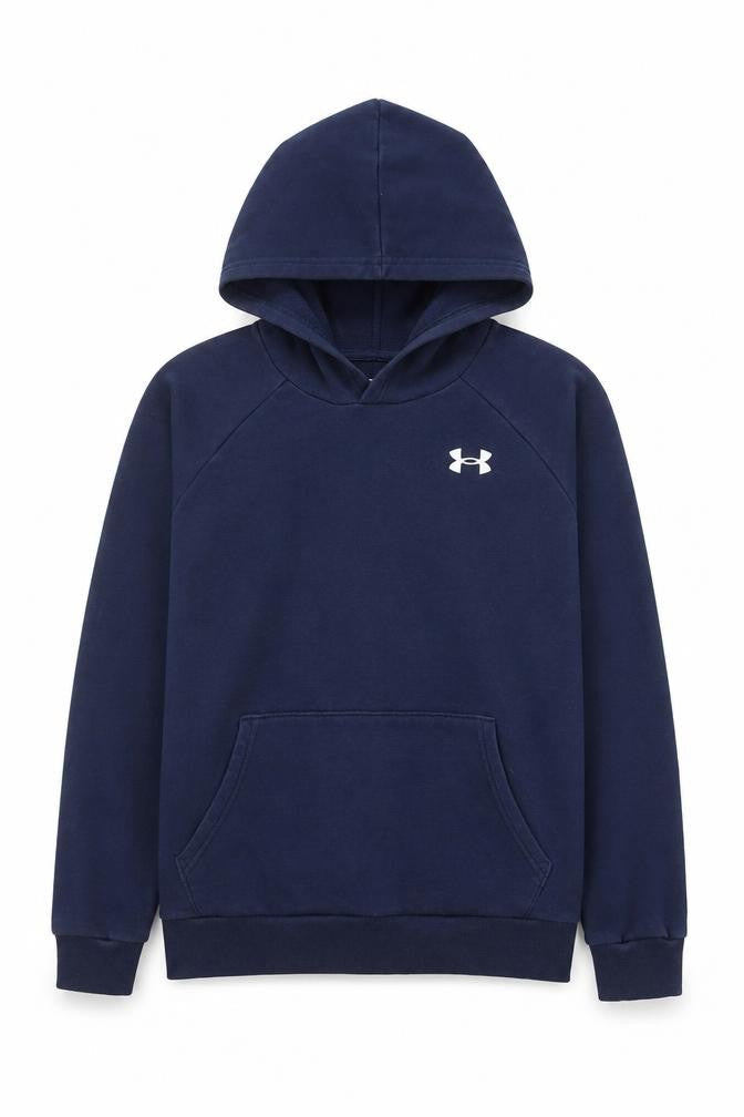 Front view of Under Armour boys’ blue hoodie 13-14 years pullover fleece coldgear