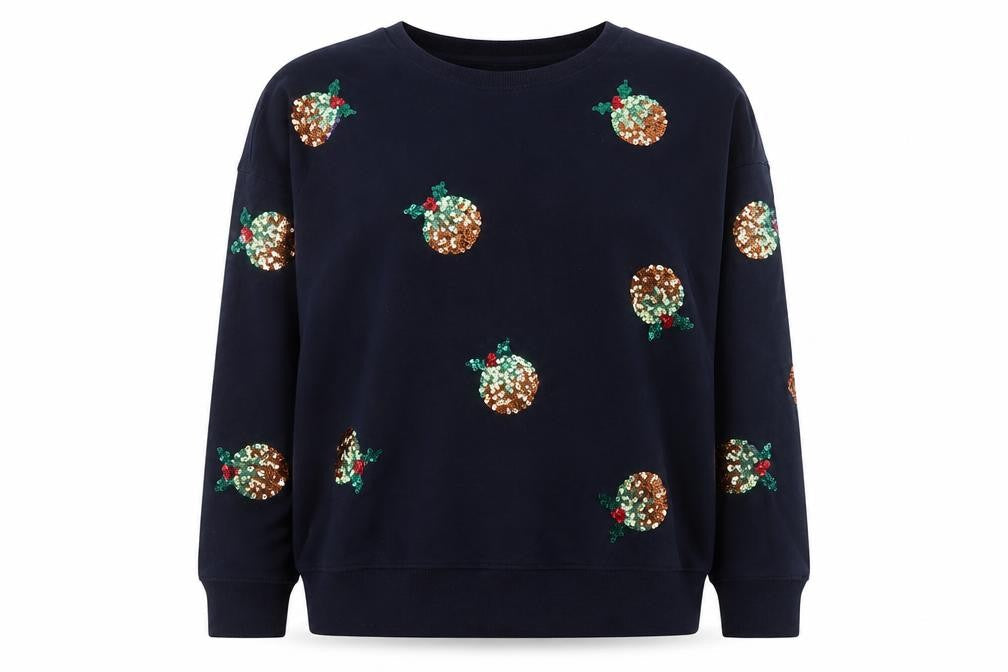 Next Womens Navy Sequin Christmas Pudding Sweatshirt Size 14
