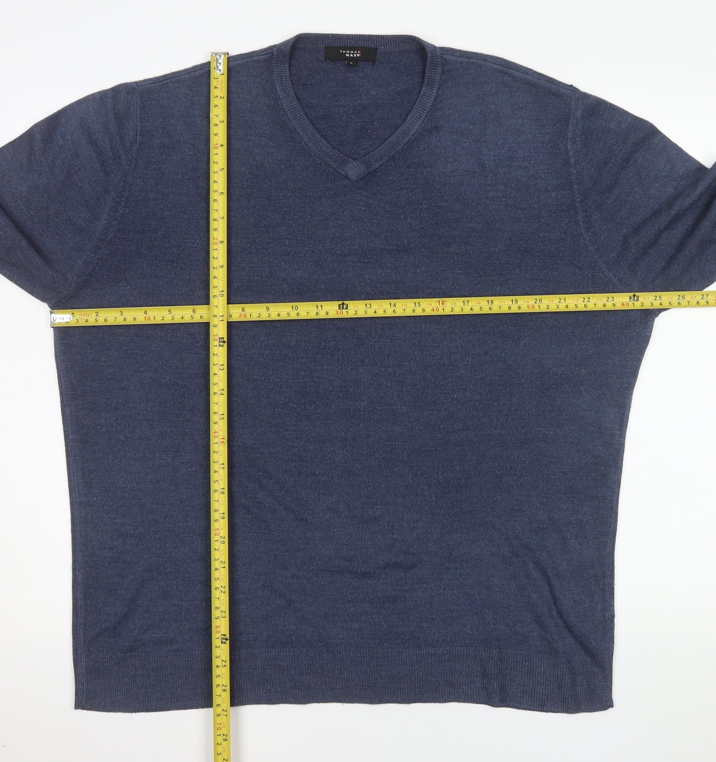 Thomas Nash Men's Blue V-Neck Acrylic Jumper Size L