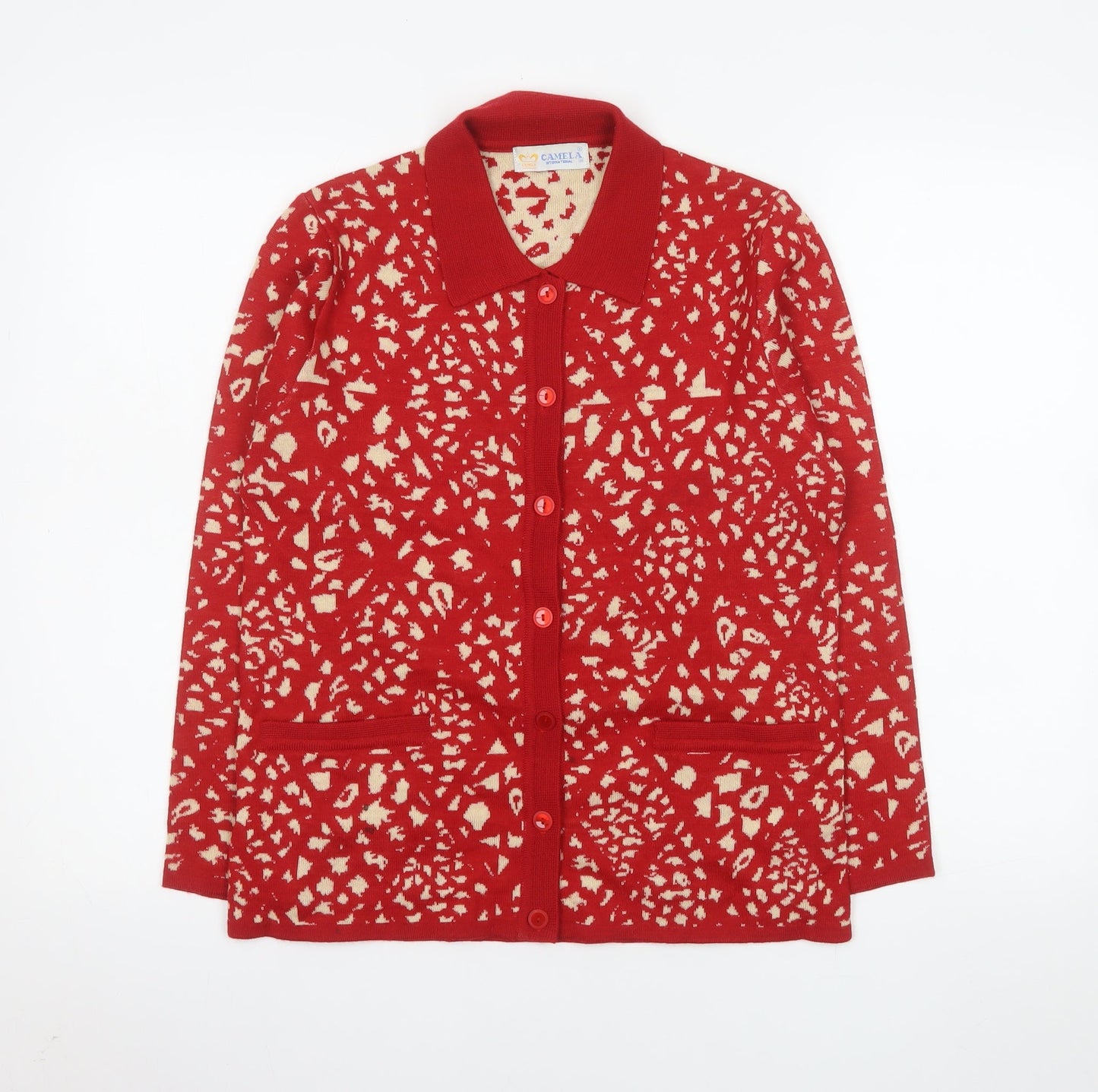 Camela Women Red Collared Animal Print Knit Cardigan M