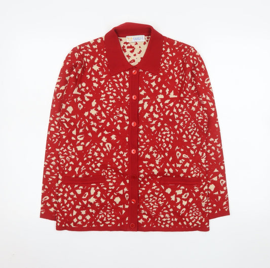 Camela Women Red Collared Animal Print Knit Cardigan M
