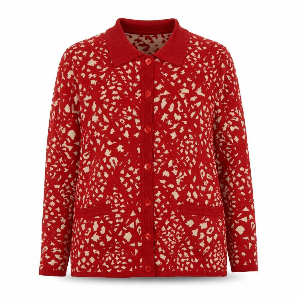 Camela Women Red Collared Animal Print Knit Cardigan M