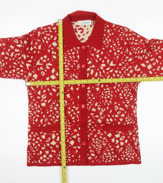Camela Women Red Collared Animal Print Knit Cardigan M