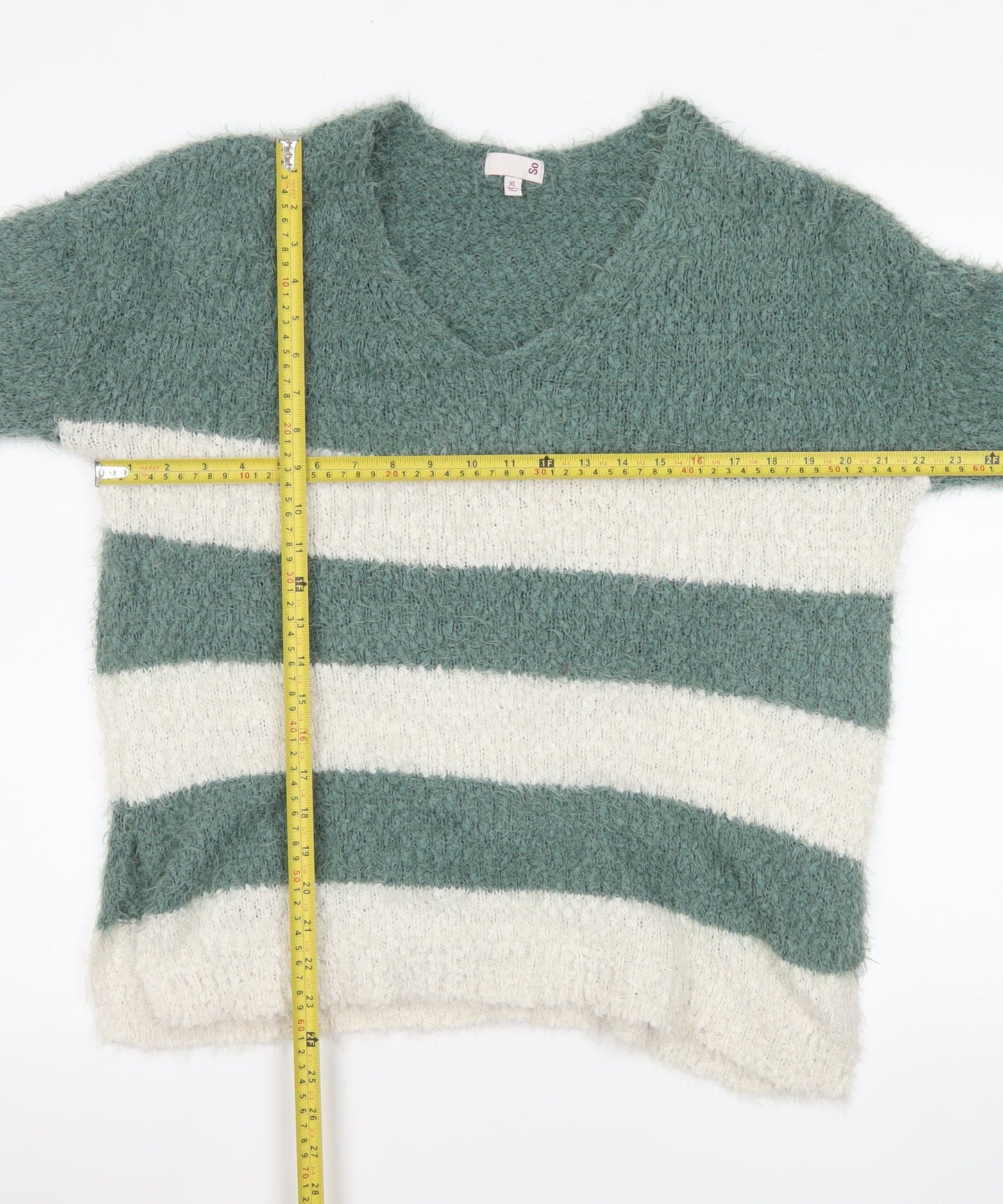 SO Womens Green White Striped V-Neck Pullover Jumper XL