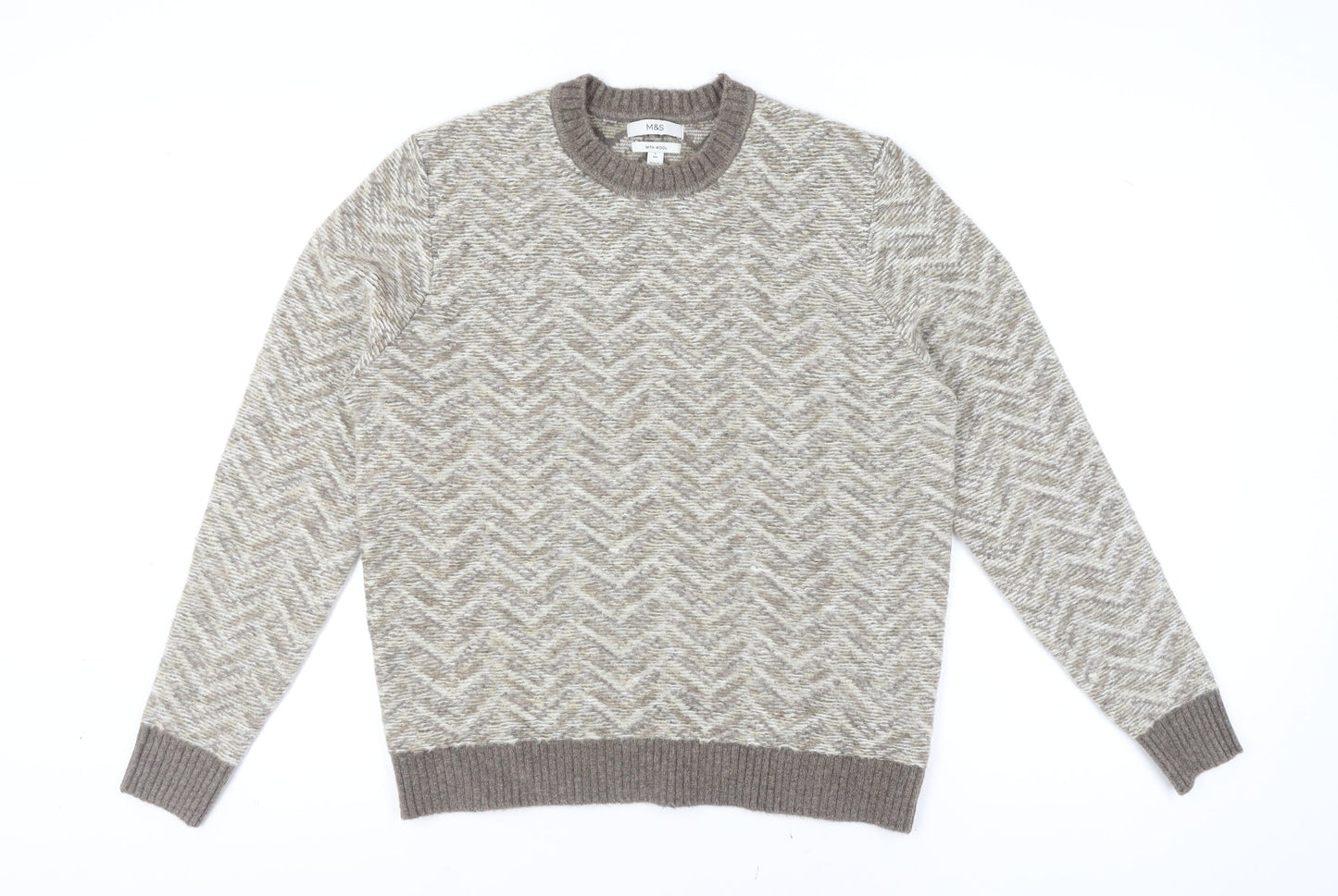 Marks and Spencer Mens Beige Wool Blend Crew Neck Jumper Size L