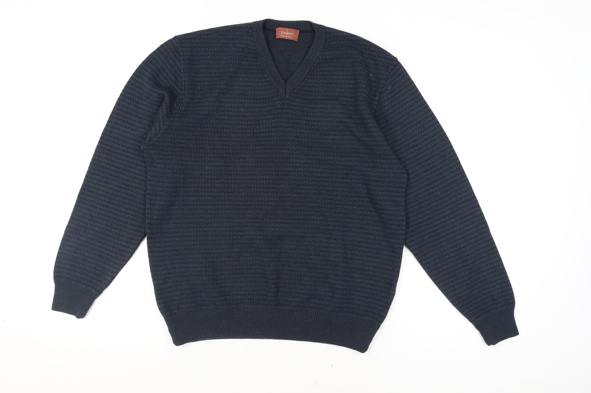 Back view of Marks and Spencer Men's Navy Blue V-Neck Italian Knit Jumper Small