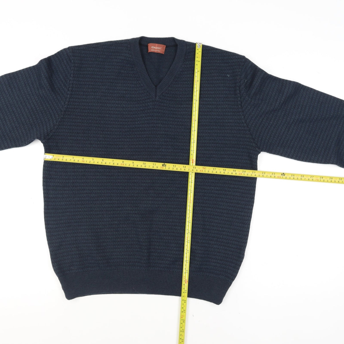 Close-up detail of Marks and Spencer Men's Navy Blue V-Neck Italian Knit Jumper Small