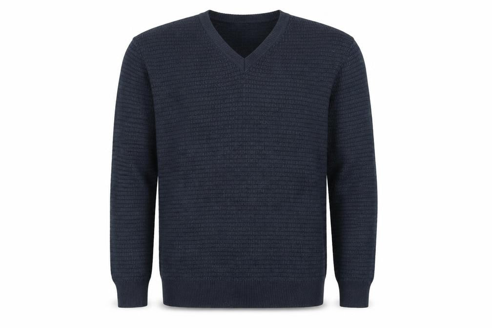 Front view of Marks and Spencer Men's Navy Blue V-Neck Italian Knit Jumper Small
