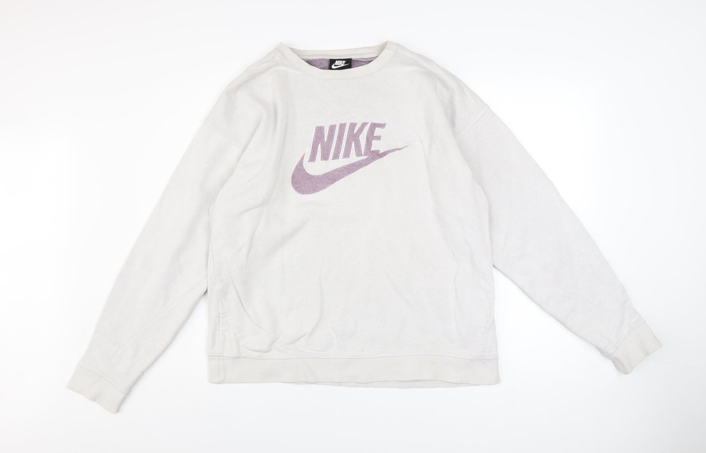 Nike Women’s Beige Pullover Sweatshirt L Logo Print Cotton Blend